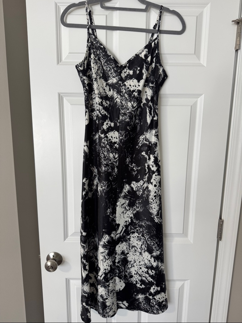 Black & White Marble Slip Dress with V-Neck